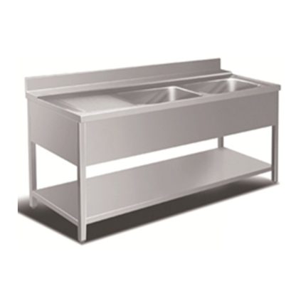 Doppel spülbecken mit Ablagefläche links und Bodenregal - 1500 x 600 x 850 mm