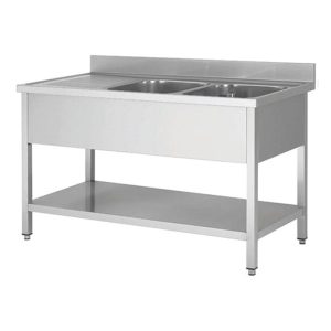 Doppelspültisch mit Ablagefläche links und Bodenregal - 1600 x 700 x 850 mm